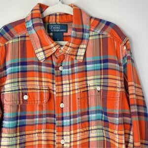 VTG Polo Ralph Lauren Kids 6 Orange Plaid Button-Down LS Shirt Flap Pocket